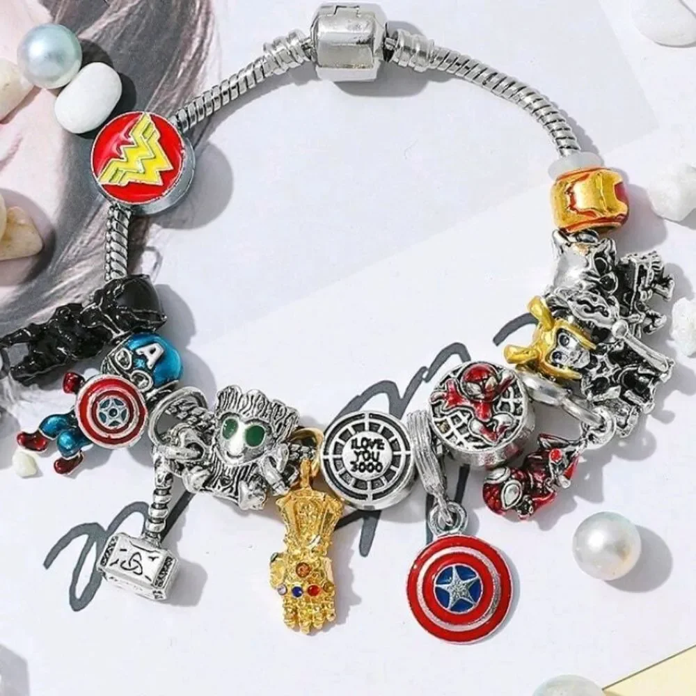 Silver Marvel Avengers Spiderman Characters Themed Loaded Charm Bracelet